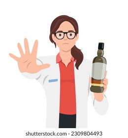 Young woman doctor asking no or stop to alcohol because it is unhealthy. Flat vector illustration isolated on white background