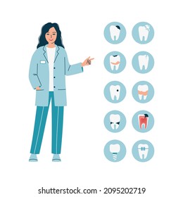 Young woman doctor dentist with icons of dental problems with teeth. Caries, cracks, tartar, braces. Female dentistry, oral care and treatment. Isolated flat vector illustration