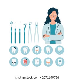 Young Woman Doctor Dentist With A Set Of Tools. Dental Problems With Teeth. Caries, Cracks, Tartar, Braces. Female Dentistry, Oral Care And Treatment. Isolated Flat Vector Illustration