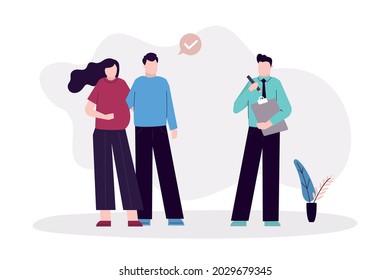 Young woman at doctor for examination. Happy motherhood. Pregnant wife with husband at nurse's appointment. Happiness parents with waiting for baby. Mother and father wait for kid. Vector illustration
