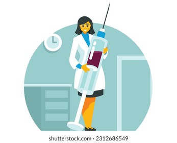 Young woman doctor holding huge medical syringe with medicine. Vector illustration