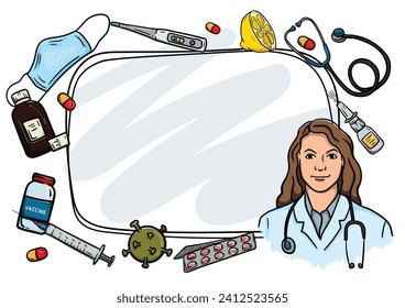 Young woman doctor, medical elements, drugs and viruses. Bright Presentation Frame with Space for Text