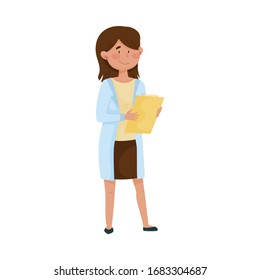 Young Woman Doctor in Medical Uniform Standing and Holding Clip Board Vector Illustration