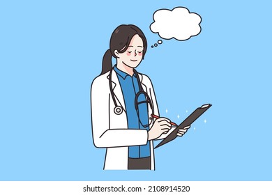 Young woman doctor in medical uniform write prescription in patient card or journal. Female nurse or GP with speech bubble above head note in folder. Medicine and healthcare. Vector illustration. 