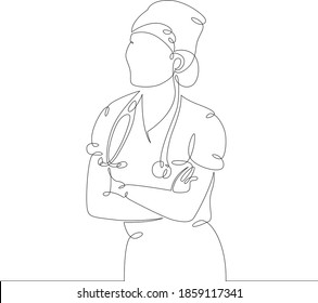 Young woman doctor nurse in medical uniform and stethoscope. One continuous drawing line, logo single hand drawn art doodle isolated minimal illustration.