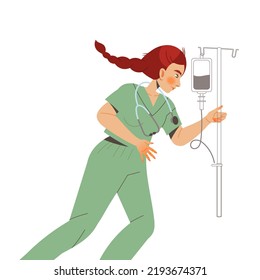 Young Woman Doctor Running With Intravenous Bag As Medical Staff Working In Clinic Vector Illustration