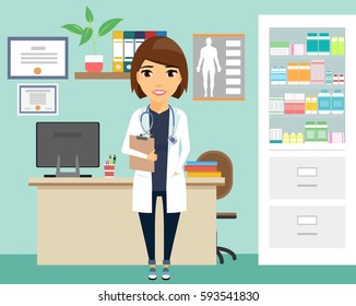 Young woman doctor standing in his office. Medical and health care. The doctor stands near a table with a folder in hand. Professional in their field.
