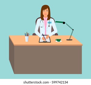 Young woman doctor taking a patients. Medical adviser sitting at the table. Medicine office concept. Flat vector illustration.