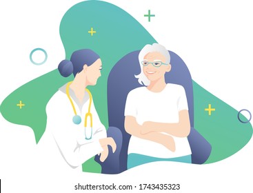 Young woman doctor is talking with an elderly patient about health. Grandmother in a white T-shirt is sitting on an armchair. Blue-green design.