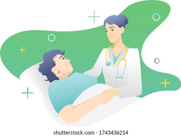 Young woman doctor talking to an elderly patient about health. Grandmother in a blue shirt lies on a hospital bed. Blue-green design.