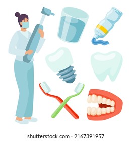 Young woman in doctor uniform, dentist and dental care tools in cartoon style, vector illustration