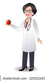 Young woman doctor in uniform with a stethoscope is holding an apple