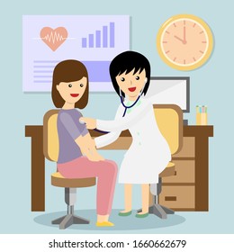 young woman doctor using stethoscope listening to heartbeat of woman in examination room vector