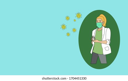 The young woman doctor wearing a protective mask was spraying a hand sanitizer into his hand to protect himself from the corona virus outbreak. Vector illustration concept, copy space.