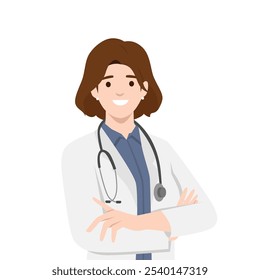 Young woman doctor in white coat standing with arms folded on her chest.Flat vector illustration isolated on white background