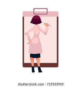 Young woman doctor writing in huge, giant medical card, patient chart, cartoon vector illustration isolated on white background. Cartoon woman doctor filling in huge, giant medical card