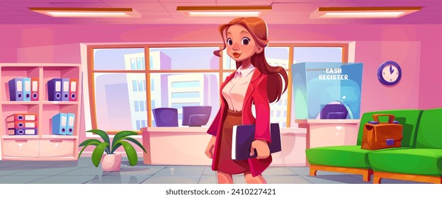 Young woman with documents in folder standing in bank office interior. Cartoon vector illustration of bank worker or client inside room for customer service with manager table, cash register and sofa.