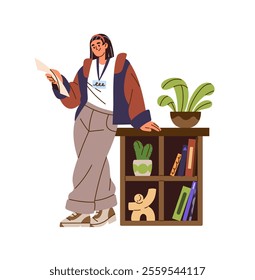 Young woman with documents in hands leans on wooden bookcase with houseplants,books. Happy girl in casual clothes holds, looks at paper and reads. Flat isolated vector illustration on white background