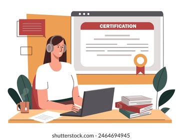 Young woman with documents for students. Woman working at laptop with Online Certification sign in background. Distant lessons, learning and training, studying and graduation. Flat vector illustration