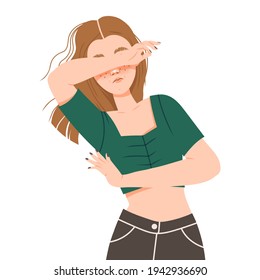 Young Woman Dodging from Negative Emotion Covering Her Face with Her Hand Vector Illustration
