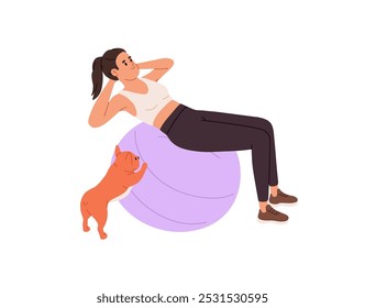 Mujer joven hace ABS con la bola de la aptitud. Chica delgada con perro hace ejercicios físicos con equipo deportivo. Entrenamiento de persona con fitball durante el entrenamiento en casa. Ilustración vectorial aislada plana en blanco