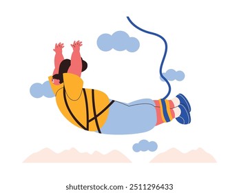 A young woman does bungee jumping challenge, extreme sports vector illustration.