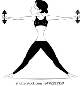 Young woman does exercises with dumbbells. 
Pretty young woman does exercises with dumbbells. Black and white illustration
