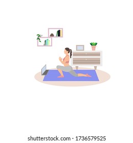 Young woman does exercises at home on a floor Mat using an online personal training program. Yoga and fitness at home.Healthy lifestyle. Flat vector illustration.