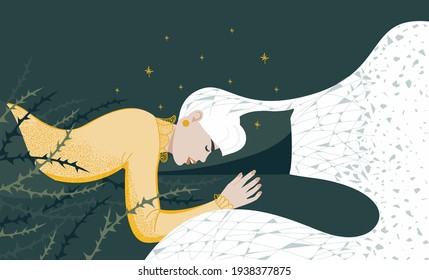 The young woman does not sleep well, is restless. Bad dreams, night pain. Flat vector illustration