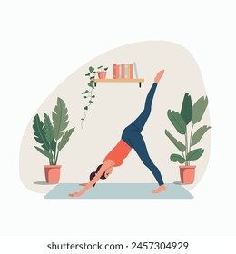 Mujer joven hace pilates en casa. Ilustración vectorial de dibujos animados de estilo plano.