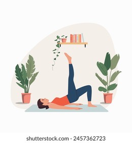 Young woman does pilates at home.Flat style cartoon vector illustration.