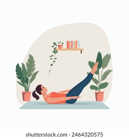 Mujer joven hace pilates en casa. Ilustración vectorial de dibujos animados de estilo plano.