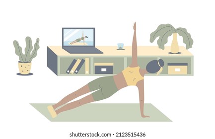 Young woman does yoga, fitness and stretches on mat at home. Girl watches online classes on laptop and performs sports exercises. Physical and spiritual practice. Fashionable flat vector illustration