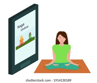 a young woman does yoga online at home. Healthy Lifestyle Concept