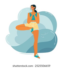 A young woman does yoga standing on one leg. A girl in the pose of a mountain. Vector flat illustration