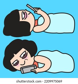 Young Woman Doesn't Want To Get Up And Looking At Mobile Phone While Lying Under Blanket All Day Concept Card Character illustration