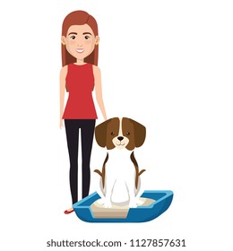 young woman with dog in bed characters