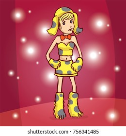 Young woman in a dog carnival suit. Hand drawn cartoon vector illustration