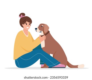 Young woman with dog. Girl hugging cute dog. Happy Pet and owner spending time together. Vector flat illustration isolated on white background.