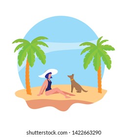 young woman with dog on the beach summer scene