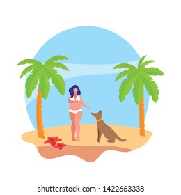 young woman with dog on the beach summer scene