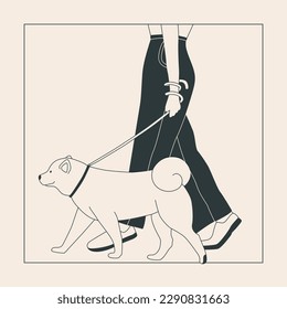 Young woman with a dog on a leash. Cute Akita Inu for a walk. Dog show or dog walking in the city or in the park. Vector flat contour graphics.