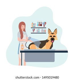 young woman with dog in pet groomer