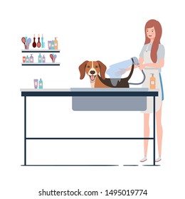 young woman with dog in pet groomer