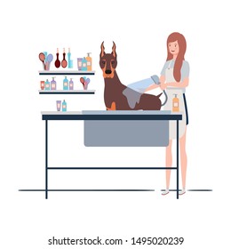 young woman with dog in pet groomer