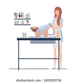 young woman with dog in pet groomer