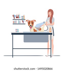 young woman with dog in pet groomer