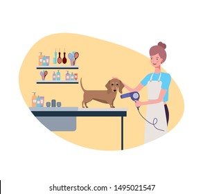 young woman with dog in pet groomer