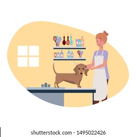 young woman with dog in pet groomer