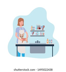 young woman with dog in pet groomer